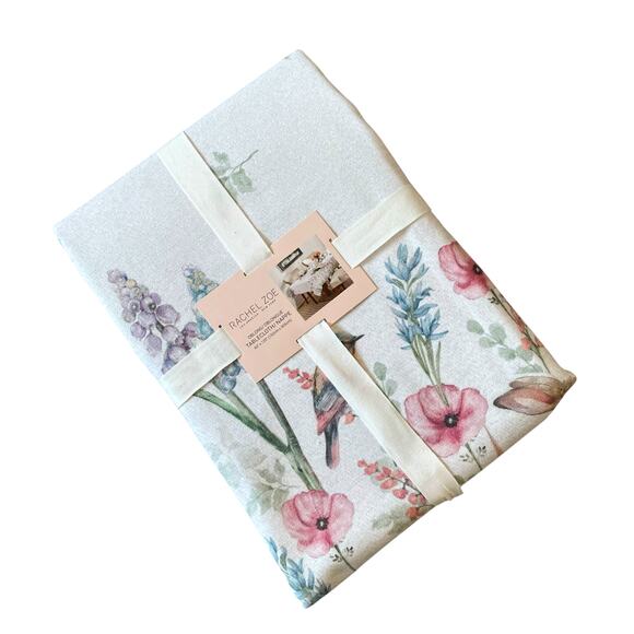 RACHEL ZOE Spring Tablecloth 60x120 Floral Bunnies Silver Glitter NEW - Picture 2 of 10